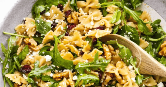 cranberry-feta-bowtie-salad-with-spinach